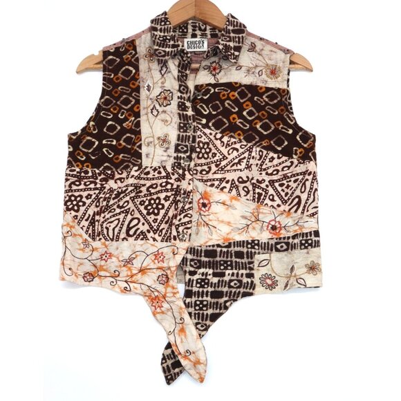 Vintage Western Womens Sleeveless Button-Up Patchwork Top Tie Hem Boho M Cowgirl - Picture 1 of 12